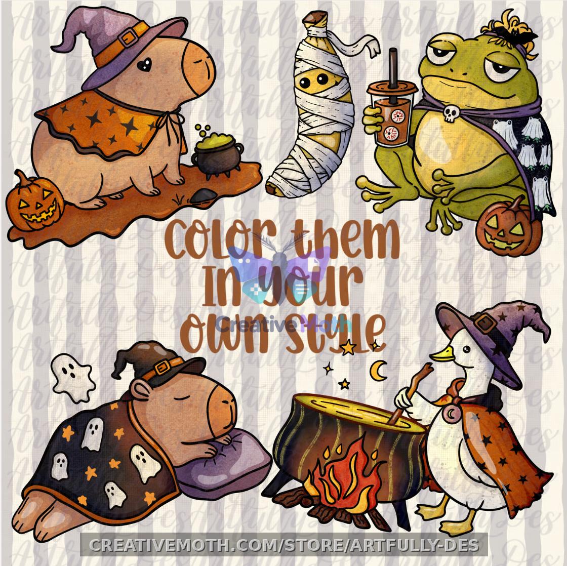 Halloween Animals Procreate Brush Stamp Capybara Frog Goose Gator Bear Raccoon