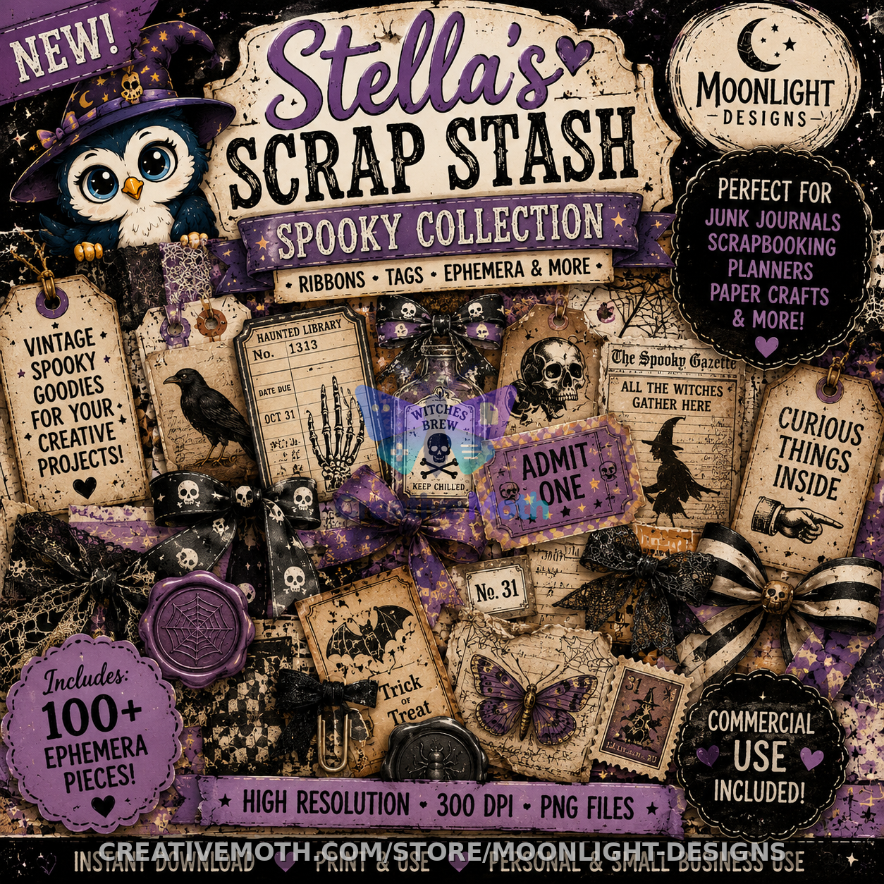 Scrap Stash 100 PNGs Spooky Ephemera Bundle | Halloween Junk Journal Kit | Vintage Gothic Papers PNG preview image