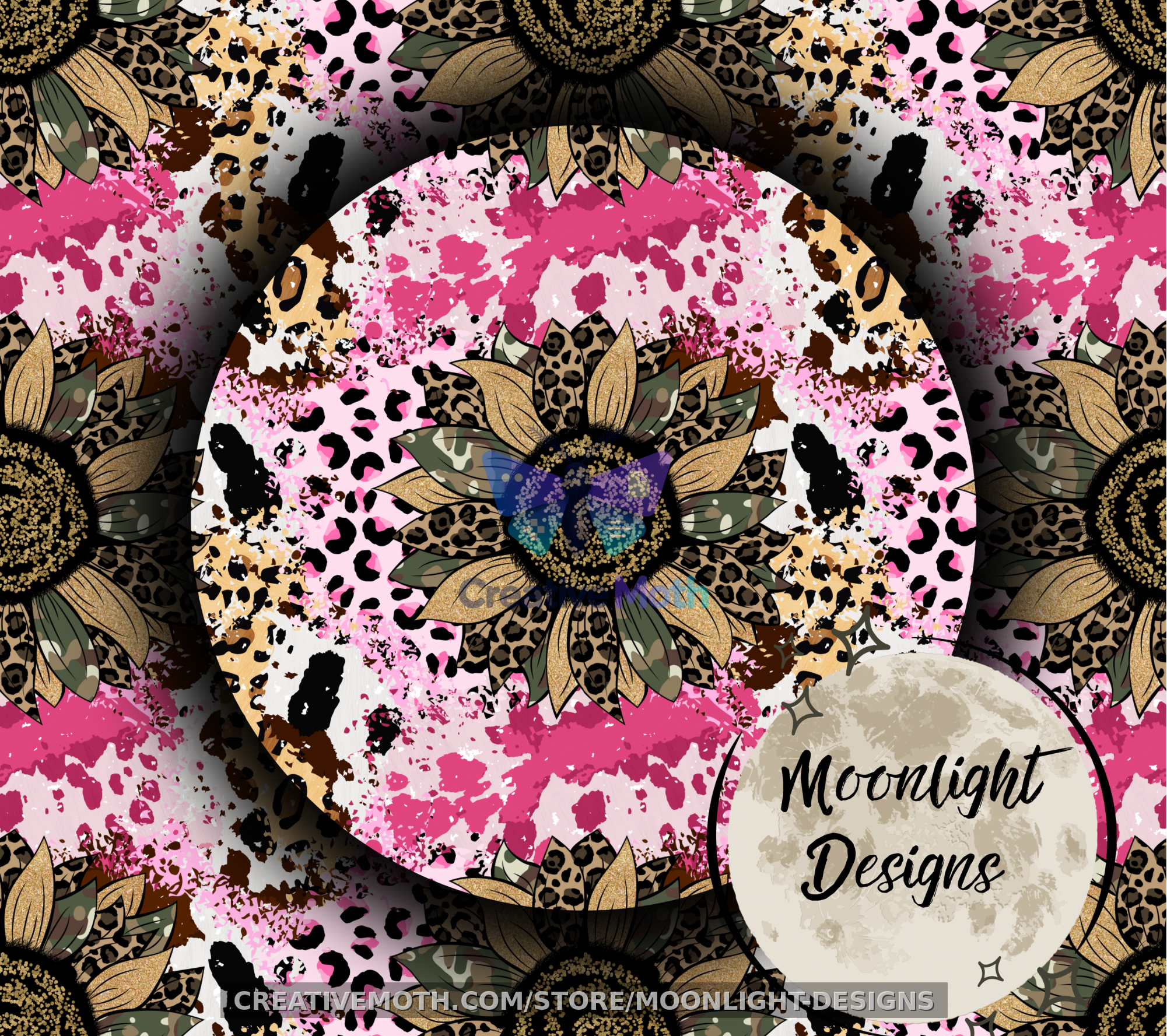 Pink Sunflower Seamless Pattern PNG | Leopard & Camo Floral Digital Paper | Western Country Seamless Background preview image