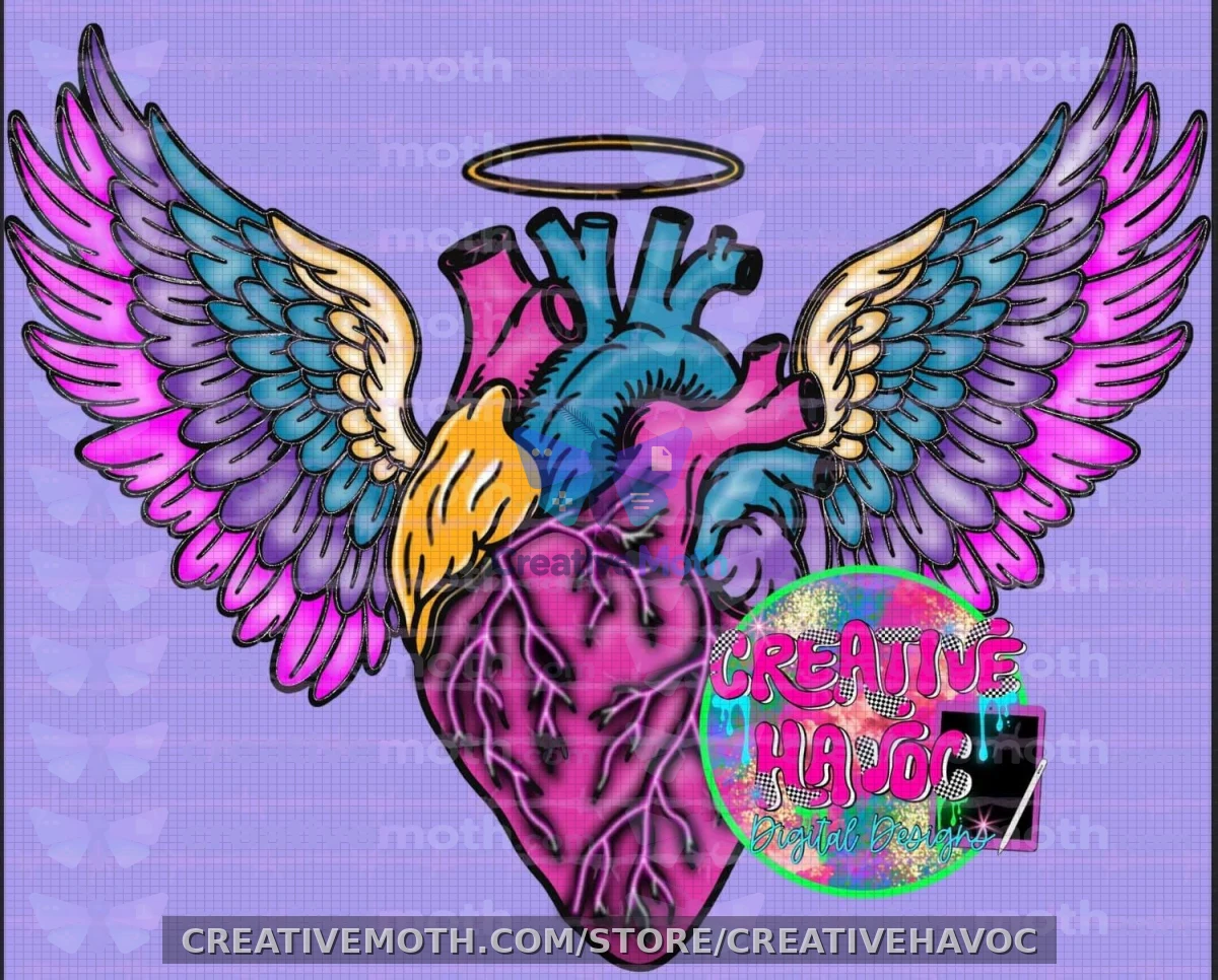 Colorful Angel Heart Wings Clipart PNG, Anatomical Heart Digital Download preview image