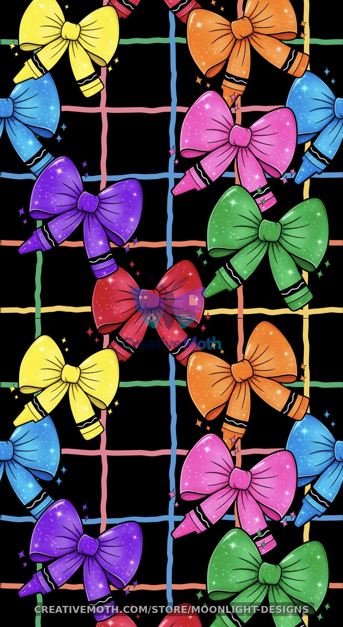Rainbow Crayon Bow Seamless Pattern PNG | Colorful School Bows Digital Paper | Teacher, Back to School, Sublimation & Fabric Design preview image