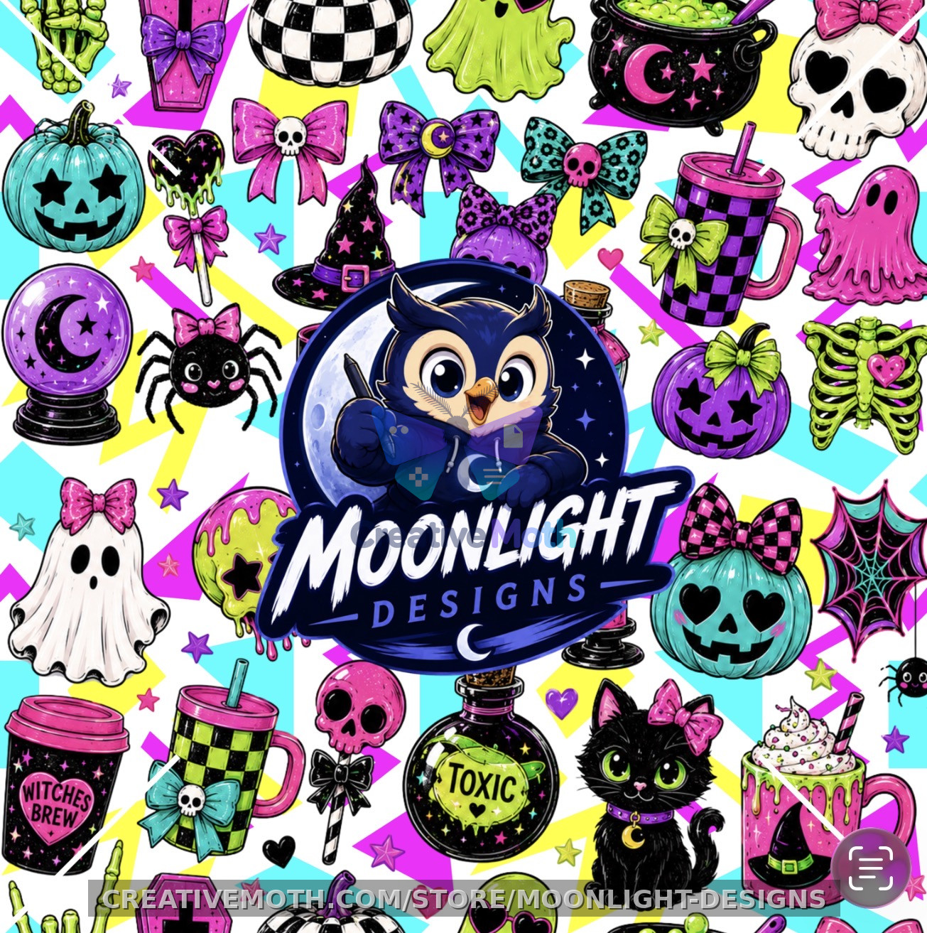 Preppy Neon Halloween Seamless Pattern PNG | Cute Spooky Digital Paper | Pink, Teal & Lime Halloween Background preview image