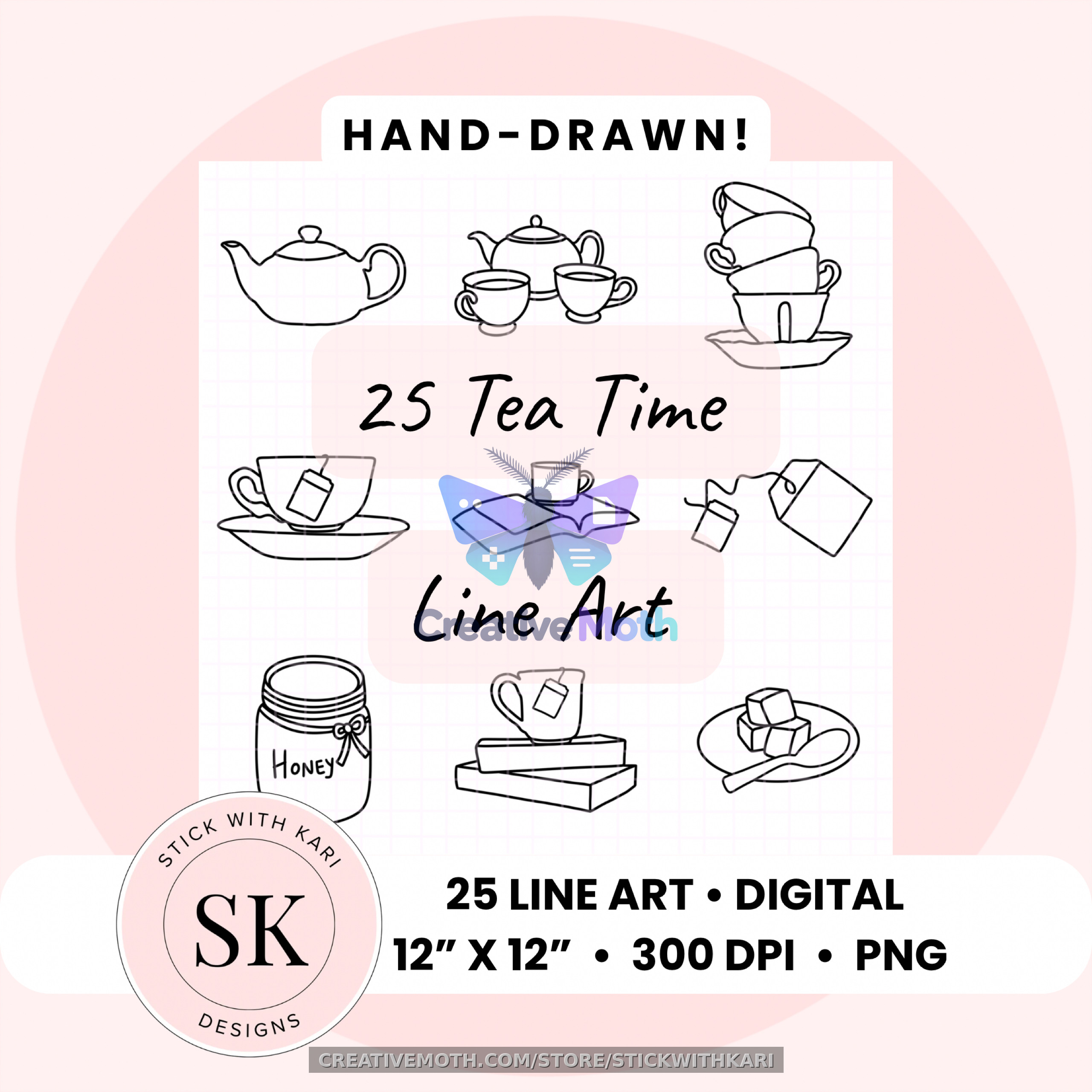 Tea Time Line Art Bundle 25 PNG Hand Drawn Digital Download Personal Commercial Use Files preview image