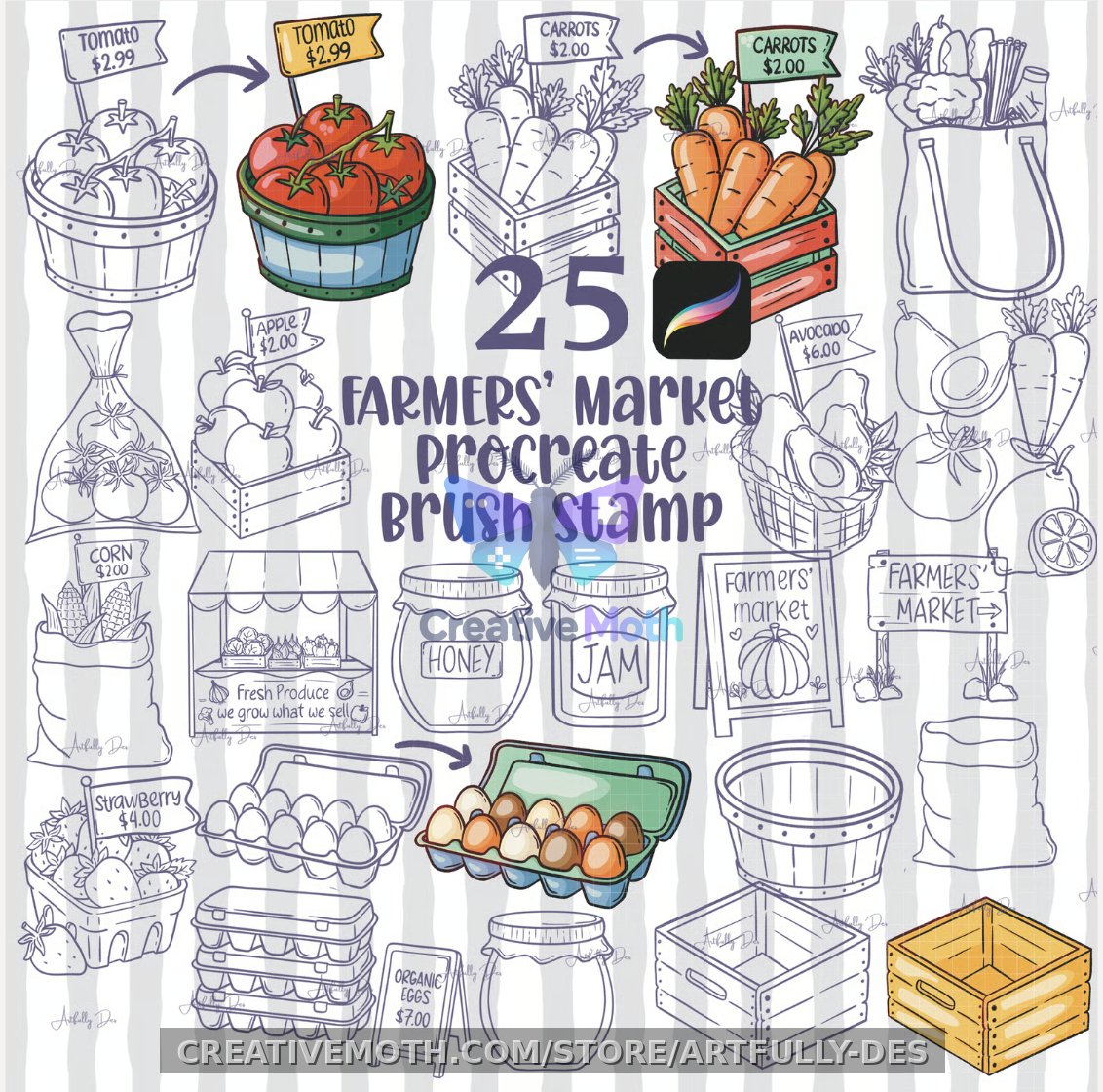 Farmers Market Procreate Brush Stamp Vegetables Fruits preview image