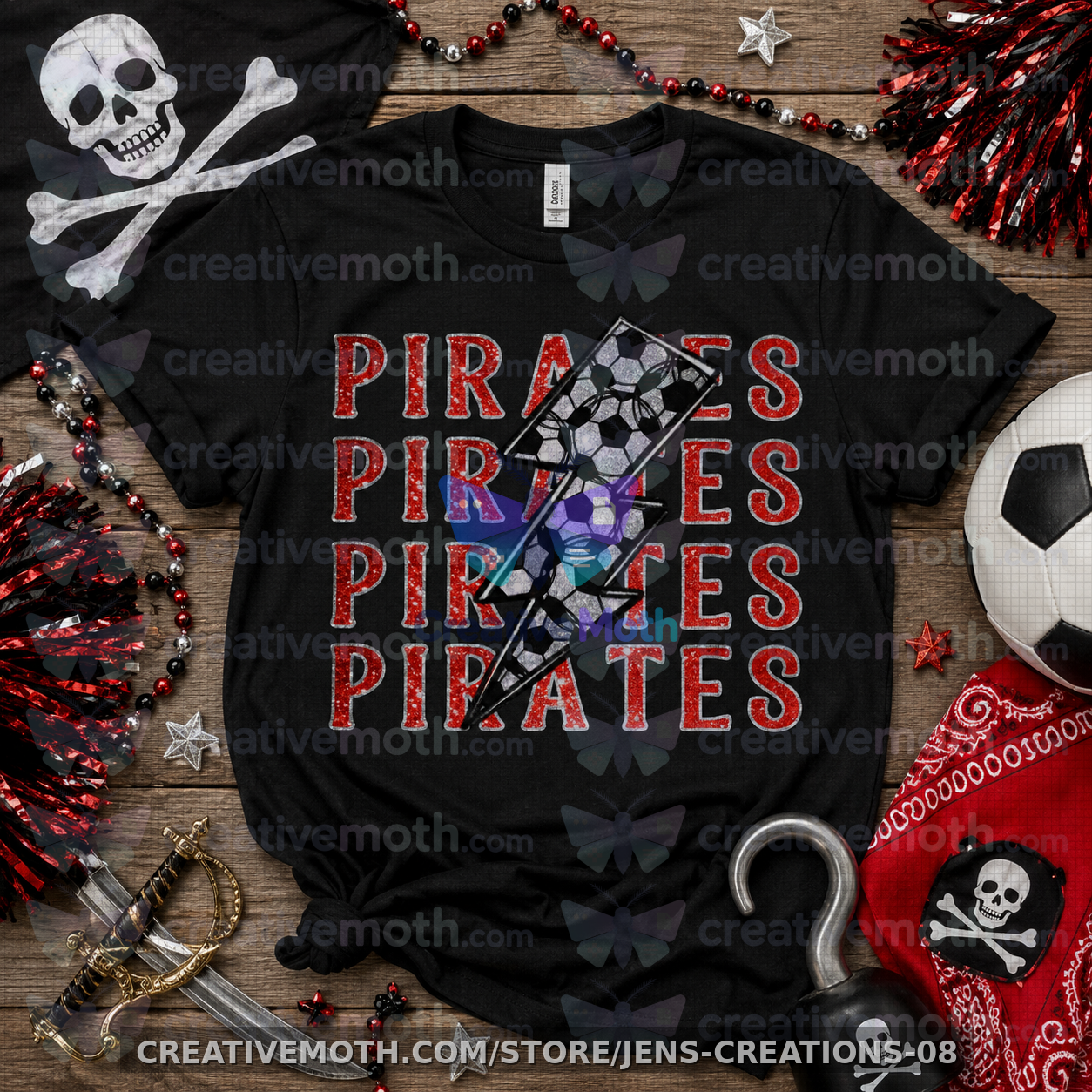 Pirates Soccer Glitter Lightning Bolt PNG | Red Black & Silver Soccer Digital Download | School Spirit PNG preview image